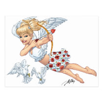 angel, cupid, blonde, roses, red, heart, arrow, birds, doves, cherub, al rio, angels, Postcard with custom graphic design