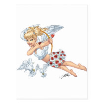 angel, cupid, blonde, roses, red, heart, arrow, birds, doves, cherub, al rio, angels, Postcard with custom graphic design