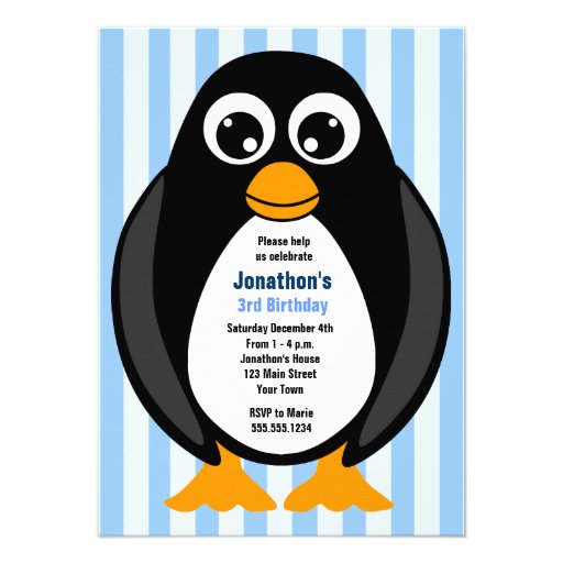 Cute Custom Birthday Party Penguin Invite - Blue