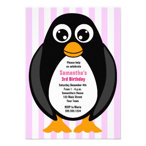 Cute Custom Birthday Party Penguin Invite - Pink