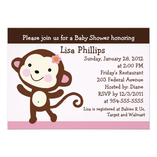 Cute Dancing Monkey Girl Baby Shower Invitation