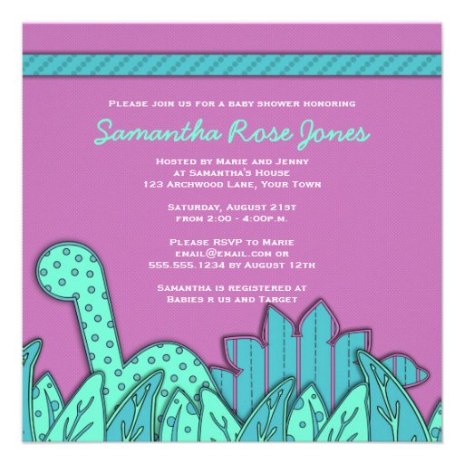 Cute Dinosaur Theme Baby Shower - Purple Turquoise Personalized Announcement