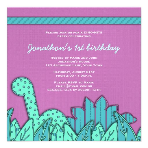 Cute Dinosaur Theme Birthday Party - Turquoise Personalized Announcements (front side)
