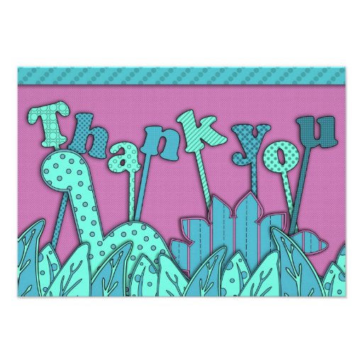 Cute Dinosaur Theme Flat Thank You Note Turquoise Personalized Invite (front side)