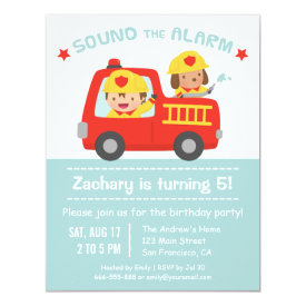 Cute Dog and Boy Red Fire Truck Birthday Party 4.25x5.5 Paper Invitation Card
