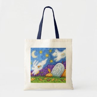 cute dog bunny ghosts chase in the graveyard canvas bag