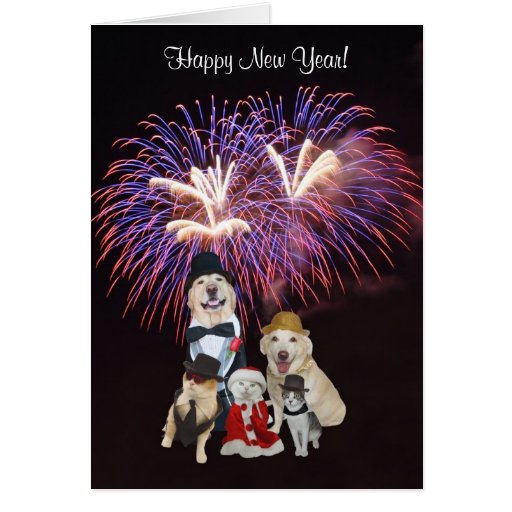 Cute Dogs & Cats Happy New Year Greeting Card Zazzle