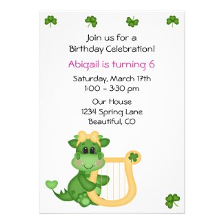 Cute Dragon and Clovers Birthday Invite for Girls