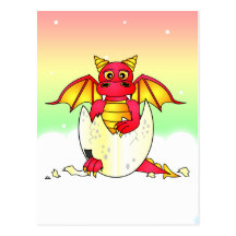 Cute Dragon Baby in Cracked Egg - Red / Yellow Post Card