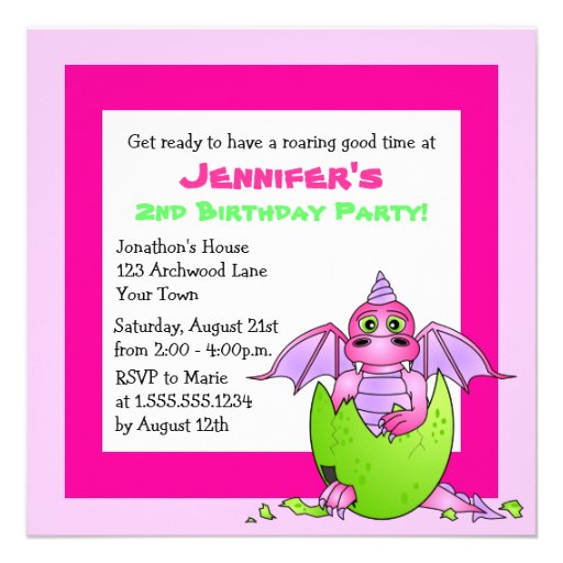 Cute Dragon Themed Child Birthday - Pink and Green Announcement