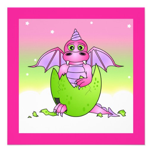Cute Dragon Themed Child Birthday - Pink and Green Announcement