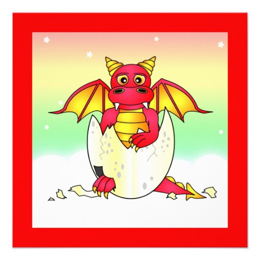 Cute Dragon Themed Child Birthday - Red and Yellow Personalized Invitations
