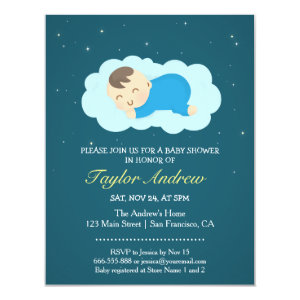 Cute Dreamland Sleeping Baby Boy Shower Custom Invitation Cards