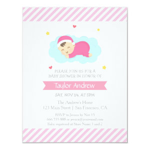 Cute Dreamland Sleeping Pink Baby Girl Shower Custom Invitation Cards