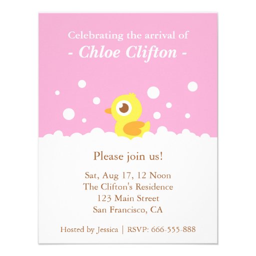 Cute Ducky with Bubbles Pink Baby Shower Party Personalized Announcements (front side)
