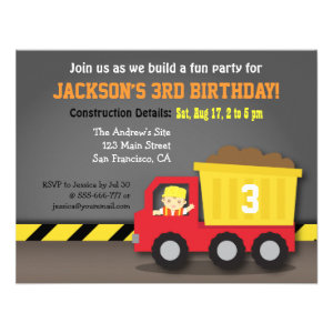 Cute Dump Truck Construction Theme Birthday Party Personalized Announcement