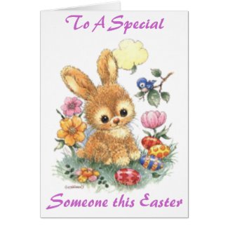 Cute Easter Bunny with Flowers and Eggs Greeting Card