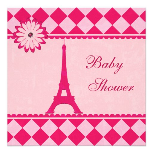 Cute Eiffel Tower Argyle Pink Baby Shower Personalized Invitation