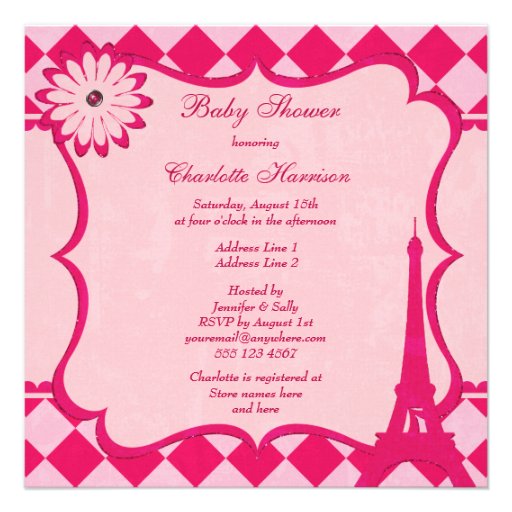 Cute Eiffel Tower Argyle Pink Baby Shower Personalized Invitation