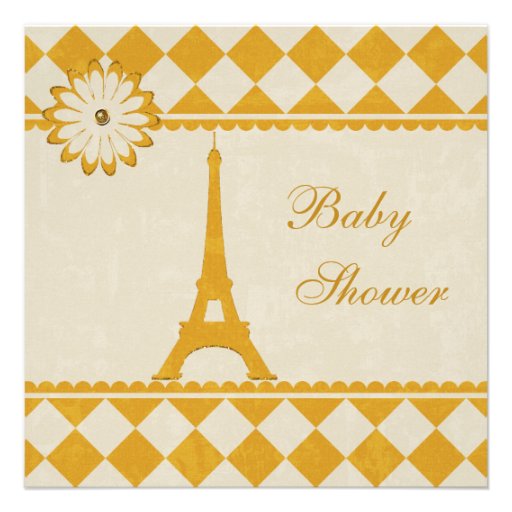 Cute Eiffel Tower Argyle Yellow Baby Shower Announcement