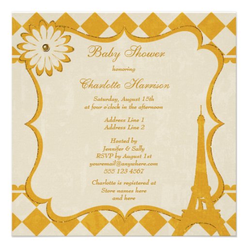 Cute Eiffel Tower Argyle Yellow Baby Shower Announcement