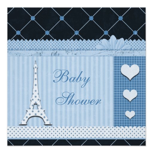 Cute Eiffel Tower Blue Polka Dots Baby Shower Personalized Invitations