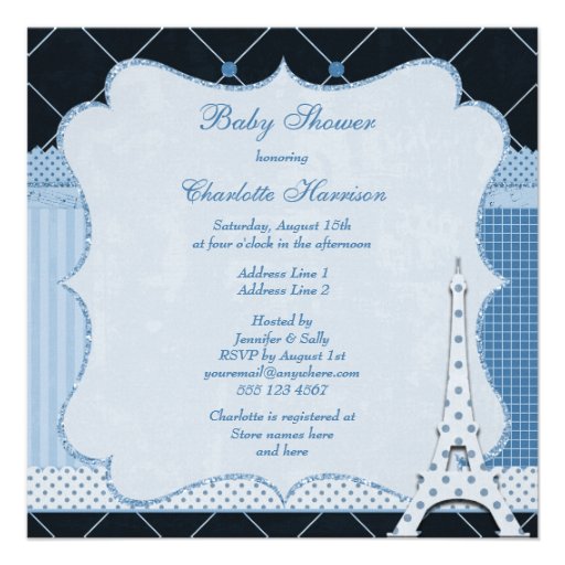 Cute Eiffel Tower Blue Polka Dots Baby Shower Personalized Invitations