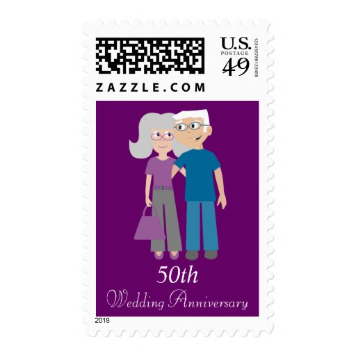 Cute Elderly Couple Purple Wedding Anniversary Stamps