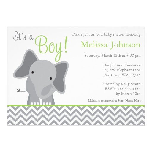 Cute Elephant Chevron Green Baby Shower Invitation