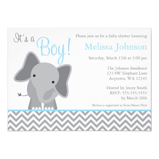 Cute Elephant Chevron Light Blue Baby Shower Announcements