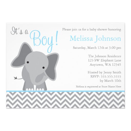 Cute Elephant Chevron Light Blue Baby Shower Personalized Invites (front side)