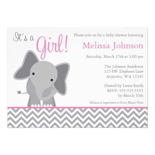 Cute Elephant Chevron Pink Baby Shower Invitation (front side)