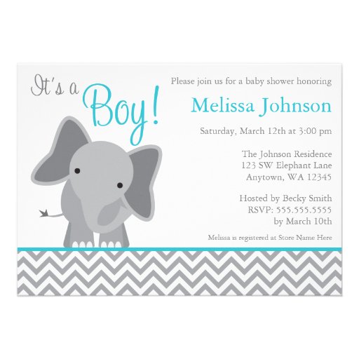 Cute Elephant Chevron Teal Baby Shower Invitation (front side)