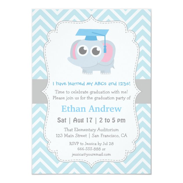 Cute Elephant Kids Kindergarten Graduation Party 4.5x6.25 Paper Invitation Card