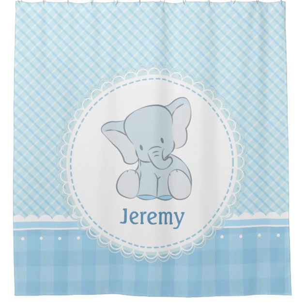 Cute Elephant Light Blue Plaid for Kids Children Shower Curtain