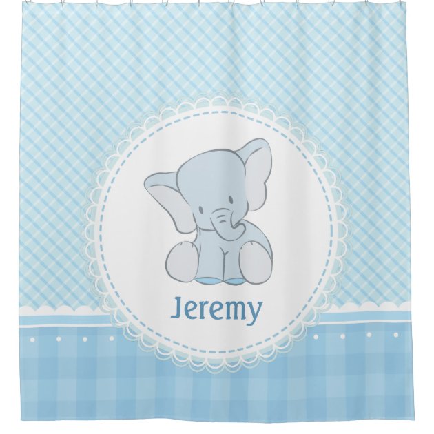 Cute Elephant Light Blue Plaid for Kids Children Shower Curtain-1