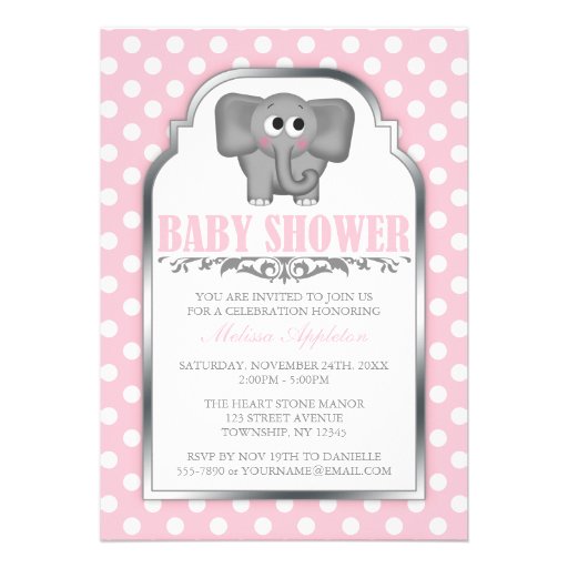 Cute Elephant Pink Polka Dot Baby Shower Invitations