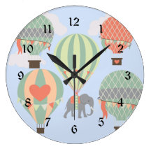 Cute Elephant Riding Hot Air Balloons Rising Wallclocks