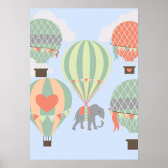 Cute Elephant Riding Hot Air Balloons Rising Posters
