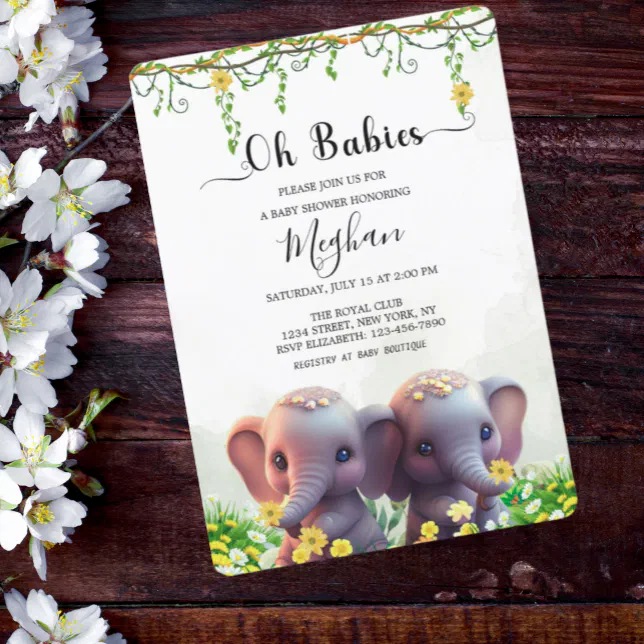 Cute Elephant Twins Baby Shower Floral Greenery Invitation Zazzle