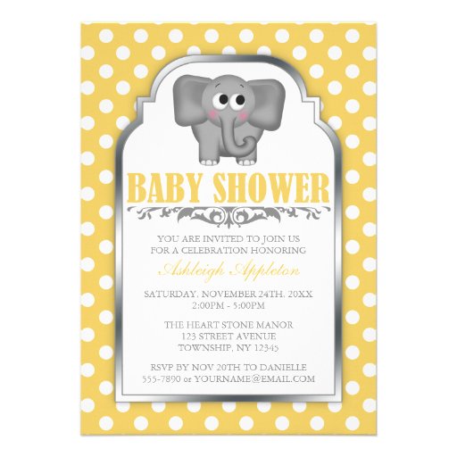 Cute Elephant Yellow Polka Dot Baby Shower Custom Invitations