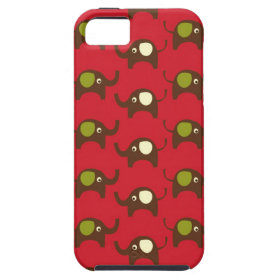 Cute Elephants Pattern Brown Green Cream on Red iPhone 5 Case