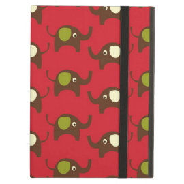 Cute Elephants Pattern Brown Green Cream on Red iPad Cover