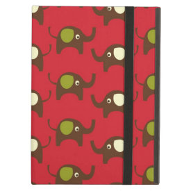 Cute Elephants Pattern Brown Green Cream on Red iPad Cover