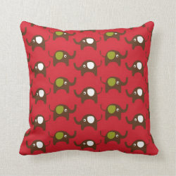Cute Elephants Pattern Brown Green Cream on Red Throw Pillow