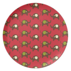 Cute Elephants Pattern Brown Green Cream on Red Plates