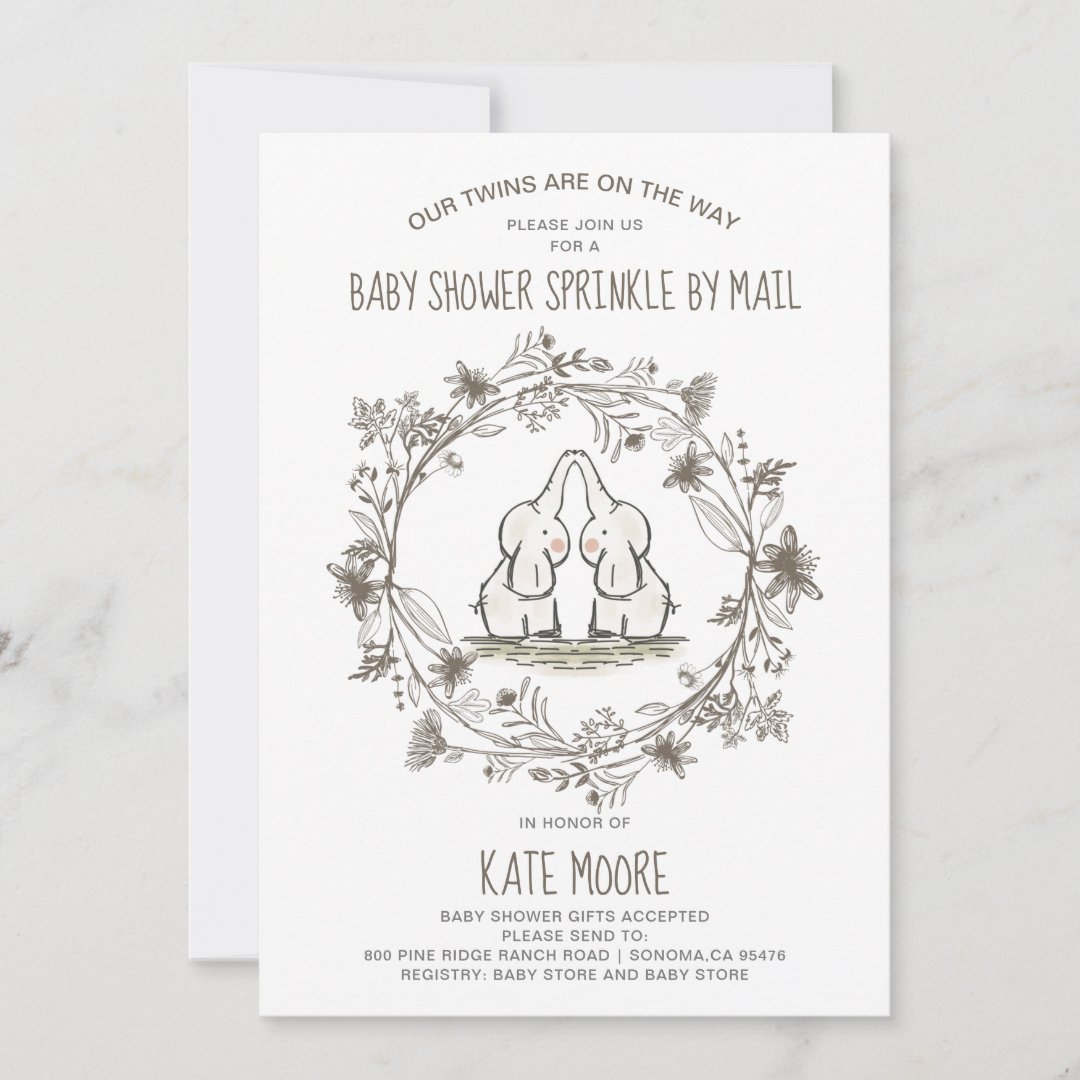 Cute Elephants Twins Baby Shower Sprinkle By Mail Invitation Zazzle