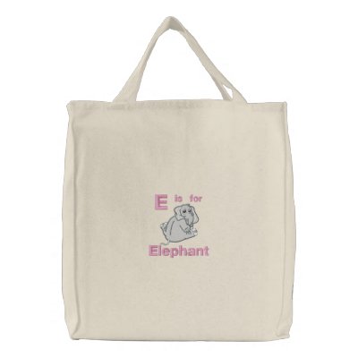 Cute Embroidered Baby Elephant, E is for Elephant Embroidered Tote Bag Cute Embroidered Baby Elephant, E is for Elephant Embroidered Tote Bag