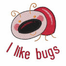 ladies_casual_tshirt - Cute bug embroidered on a t-shirt! Might be fun for techhies, people who study bugs, or even scientists.  You choose your thread colors, and the text (currently reads I like bugs) is completely changeable by you!