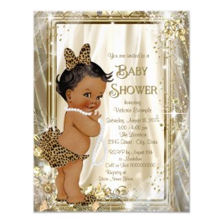 Cute Ethnic Girl Leopard Pearls Baby Shower Card